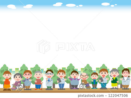 Background material <Frame for caregivers and medical personnel, fun, happy, all ages, horizontal position> 122047506