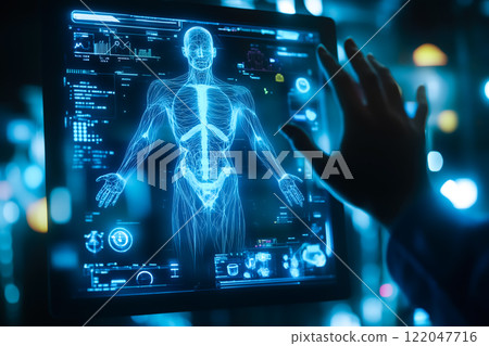 A doctor carefully examines a virtual x-ray projection with focused attention. The integration of advanced technology in medical diagnostics. Generative AI. 122047716