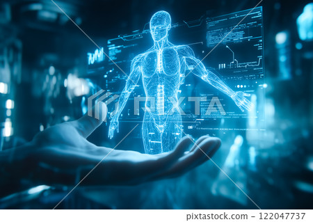 A doctor carefully examines a virtual x-ray projection with focused attention. The integration of advanced technology in medical diagnostics. Generative AI. A doctor carefully examines a virtual x-ray projection with focused attention. The integration of advanced technology in medical diagnostics. Generative AI. 122047737