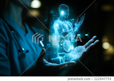A doctor carefully examines a virtual x-ray projection with focused attention. The integration of advanced technology in medical diagnostics. Generative AI. 122047754