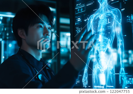 A doctor carefully examines a virtual x-ray projection with focused attention. The integration of advanced technology in medical diagnostics. Generative AI. 122047755