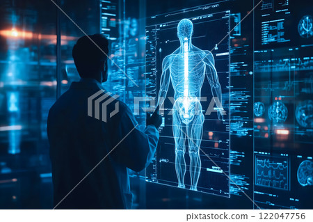 A doctor carefully examines a virtual x-ray projection with focused attention. The integration of advanced technology in medical diagnostics. Generative AI. 122047756