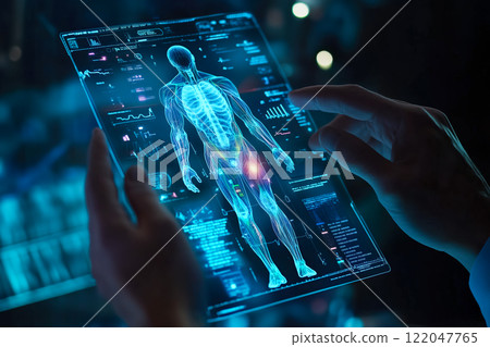 A doctor carefully examines a virtual x-ray projection with focused attention. The integration of advanced technology in medical diagnostics. Generative AI. A doctor carefully examines a virtual x-ray projection with focused attention. The integration of advanced technology in medical diagnostics. Generative AI. 122047765