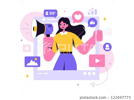 Social Media Marketing Illustration Featuring a Digital Marketing, Boosting Online Likes, Comments, and Followers Growth Through Internet Content Social Media Marketing Illustration Featuring a Digital Marketing, Boosting Online Likes, Comments, and Followers Growth Through Internet Content 122047773