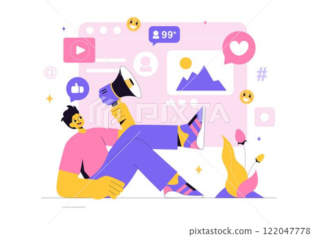 Social Media Marketing Illustration Featuring a Digital Marketing, Boosting Online Likes, Comments, and Followers Growth Through Internet Content Social Media Marketing Illustration Featuring a Digital Marketing, Boosting Online Likes, Comments, and Followers Growth Through Internet Content 122047778