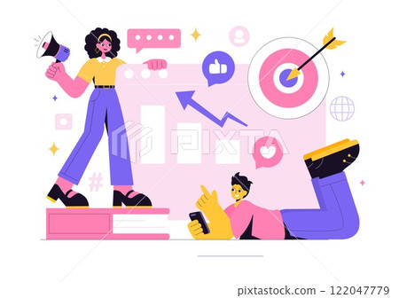Social Media Marketing Illustration Featuring a Digital Marketing, Boosting Online Likes, Comments, and Followers Growth Through Internet Content 122047779