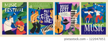 Music posters. Dancing people. Musicians with guitars and trumpets. June festival. Musical concert. Abstract nature art. Summer party banners design. Spring flowers. Vector holiday invitations set 122047851