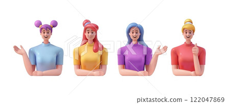 3D people avatar. Woman icon for business. Render face smiling. Female holding palm of hand. Businesswoman make presentation. Gesture like. Glossy girl. Vector realistic exact cartoon portraits set 3D people avatar. Woman icon for business. Render face smiling. Female holding palm of hand. Businesswoman make presentation. Gesture like. Glossy girl. Vector realistic exact cartoon portraits set 122047869