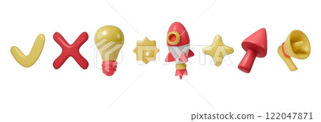 3D business icon. Startup rocket. Idea lightbulb. Checkmark tick and cross. Gramophone loudspeaker. Render of cute cartoon logo. Arrow or star. Comic glossy symbol. Vector exact social media signs set 122047871