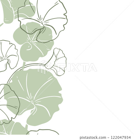 Centella asiatica silhouette in soft green tones on botanical vector seamless border. Gotu kola contour, Pennywort rounded leaves on repeated vertical texture hand drawn for label skincare, wellness. Centella asiatica silhouette in soft green tones on botanical vector seamless border. Gotu kola contour, Pennywort rounded leaves on repeated vertical texture hand drawn for label skincare, wellness. 122047934