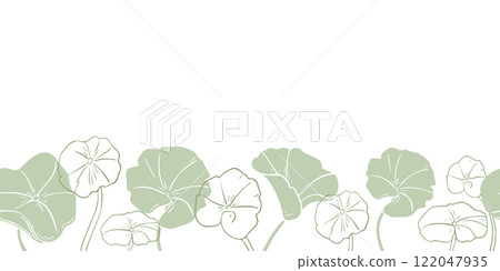 Centella asiatica in soft green tones on botanical vector seamless border. Pennywort silhouette, gotu kola rounded leaves on repeated banner hand drawn monochrome outline for label skincare, wellness. Centella asiatica in soft green tones on botanical vector seamless border. Pennywort silhouette, gotu kola rounded leaves on repeated banner hand drawn monochrome outline for label skincare, wellness. 122047935