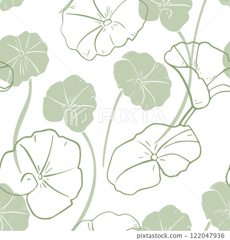 Centella asiatica rounded leaves on repeated background. Greenery medicinal plants vector on seamless pattern. Geranium, pennywort drawing. Green foliage texture for design package, textile, texture 122047936