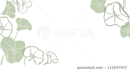 Minimalistic botanical vector border of Centella asiatica in soft green tones. Pennywort silhouette, gotu kola rounded leaves on banner hand drawn monochrome outline for label skincare, wellness. 122047937