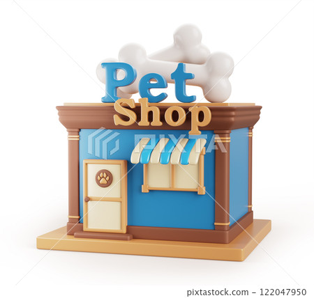 3d pet shop building exterior, domestic animal store with front door, window, awning and bones on roof render. Cartoon petshop facade for buy food, accessories, toys for dogs and cats. 3D illustration 122047950