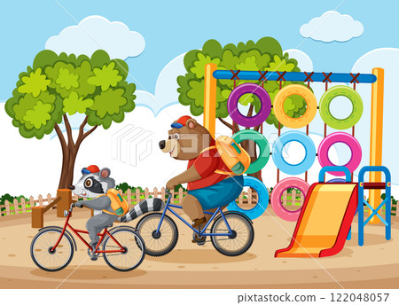 Animals Biking in a Colorful Playground Animals Biking in a Colorful Playground 122048057