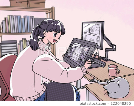 一位女士在電腦上創作漫畫 122048290