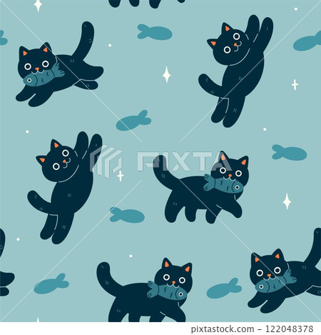 Seamless pattern with cute black cats and fish. Vector graphics. Seamless pattern with cute black cats and fish. Vector graphics. 122048378
