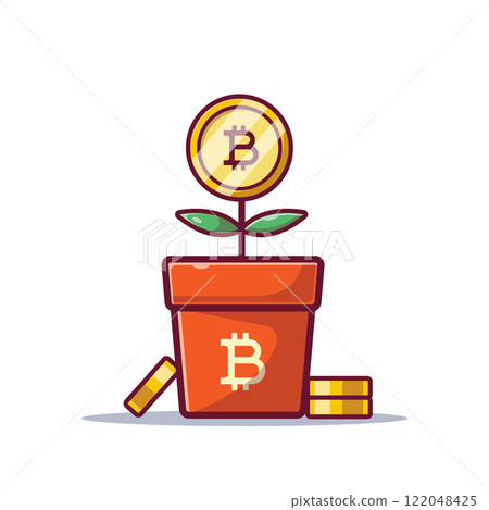 Business concept. bitcoin grow from flower pot cartoon icon illustration flat style on white background for web, landing page, sticker, banner, flier ads, advertisement 122048425