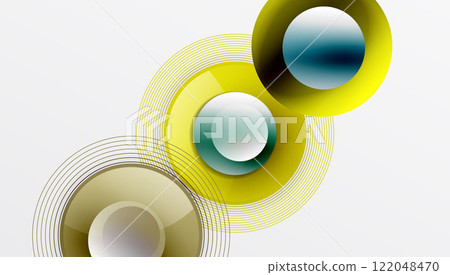 Abstract composition of overlapping circles with smooth gradients and transparency effects. Clean and modern design emphasizing depth, symmetry a minimal aesthetic Abstract composition of overlapping circles with smooth gradients and transparency effects. Clean and modern design emphasizing depth, symmetry a minimal aesthetic 122048470
