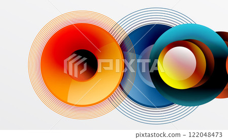 Sleek vector with overlapping circles in vibrant colors and smooth gradients. Dynamic composition with depth, symmetry, and minimalistic elegance on a light background 122048473