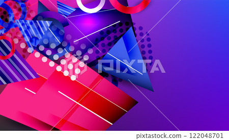 Abstract background - overlapping circles, rectangles, and triangles with vibrant gradients. Semi-transparent shapes create depth and balance 122048701