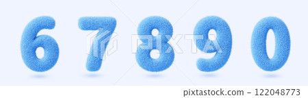 3d blue fur fluffy font numbers from 6 to 0. Furry or soft wool felt numeral icons. Fuzzy figures from six to zero with hair texture isolated on white background, render realistic set. 3D illustration 122048773
