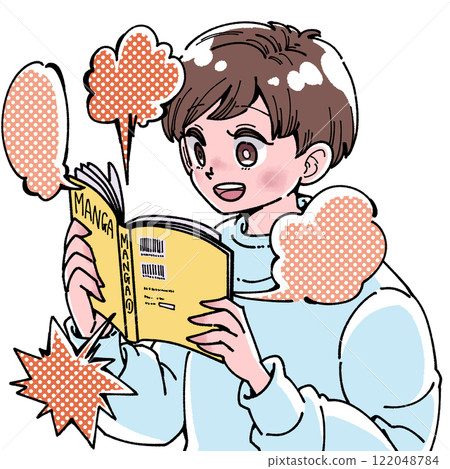 Illustration of a boy reading manga 122048784