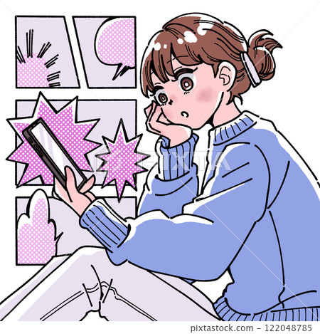 Illustration of a woman reading manga on a smartphone 122048785