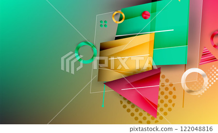 Abstract background - overlapping circles, rectangles, and triangles with vibrant gradients. Semi-transparent shapes create depth and balance Abstract background - overlapping circles, rectangles, and triangles with vibrant gradients. Semi-transparent shapes create depth and balance 122048816