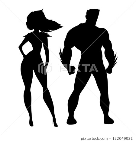 Superhero couple silhouettes. Powerful duo, ideal for comics and design projects Superhero couple silhouettes. Powerful duo, ideal for comics and design projects 122049021