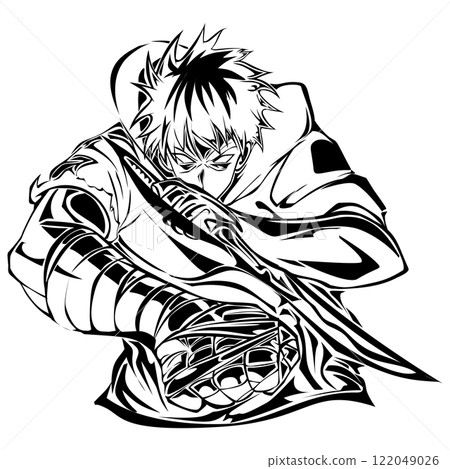Anime/manga character with sword silhouette. Dynamic pose, ideal for fan art and design Anime/manga character with sword silhouette. Dynamic pose, ideal for fan art and design 122049026