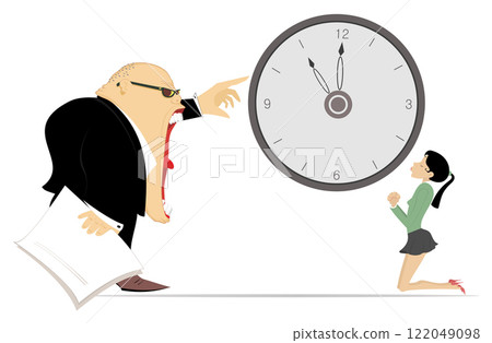 Angry boss and employee woman. Time concept. Deadline. Angry chief points to the clock and scolds an employee woman staying on the knees. Business time concept Angry boss and employee woman. Time concept. Deadline. Angry chief points to the clock and scolds an employee woman staying on the knees. Business time concept 122049098
