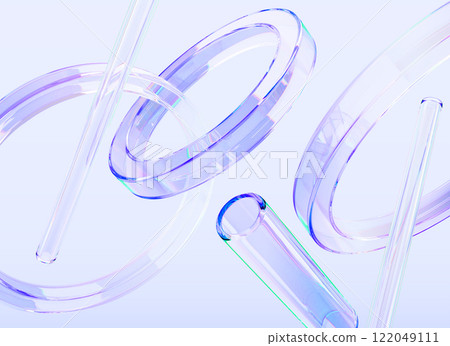 Abstract 3d background with glass liquid transparent geometric shapes render. Dynamic bg with circle rings and tube lines. Flying iridescent figures with holographic gradient texture. 3D illustration Abstract 3d background with glass liquid transparent geometric shapes render. Dynamic bg with circle rings and tube lines. Flying iridescent figures with holographic gradient texture. 3D illustration 122049111