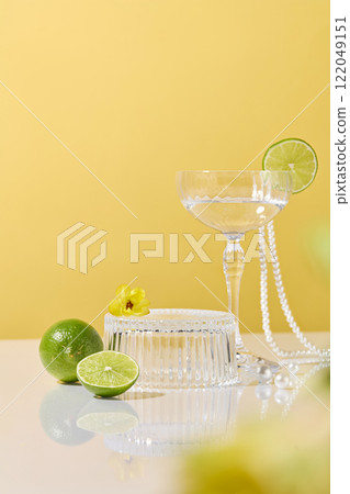 A clear glass sits beside an empty glass pedestal for displaying products and holding a small yellow flower. Limes and a pearl necklace against a yellow background. Fruit theme for cosmetics ads. A clear glass sits beside an empty glass pedestal for displaying products and holding a small yellow flower. Limes and a pearl necklace against a yellow background. Fruit theme for cosmetics ads. 122049151