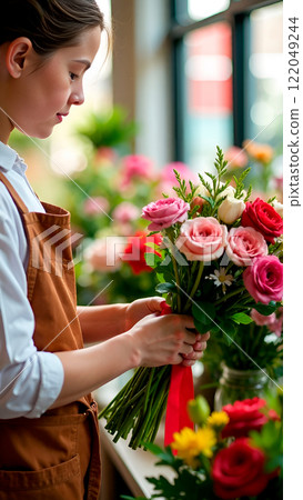 Female florist in an apron in flower store picking roses into bouquet. Close-up 122049244