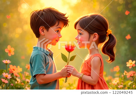 Boy gives girl flowers. Valentine's Day. Birthday. First love. Soft Focus 122049245