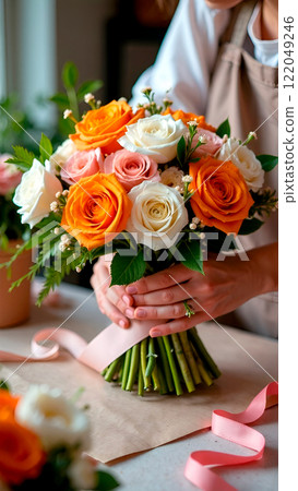 Unrecognizable female florist in flower store picking large bouquet of orange, white and pink roses. Close-up of hands 122049246