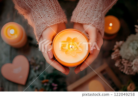 Woman's hands hold handmade candle in shape of flower. Cozy way of life. Mysig, hugge. Close-up. Valentine's Day for myself 122049258