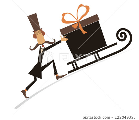Funny man in the top hat. Big gift box. Cartoon long mustache gentleman in the top hat pushes a big gift box on the sledge. Isolated on white background Funny man in the top hat. Big gift box. Cartoon long mustache gentleman in the top hat pushes a big gift box on the sledge. Isolated on white background 122049353
