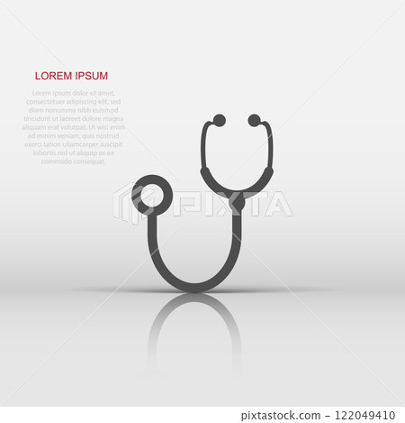 Stethoscope sign icon in flat style. Doctor medical vector illustration on white isolated background. Hospital business concept. 122049410