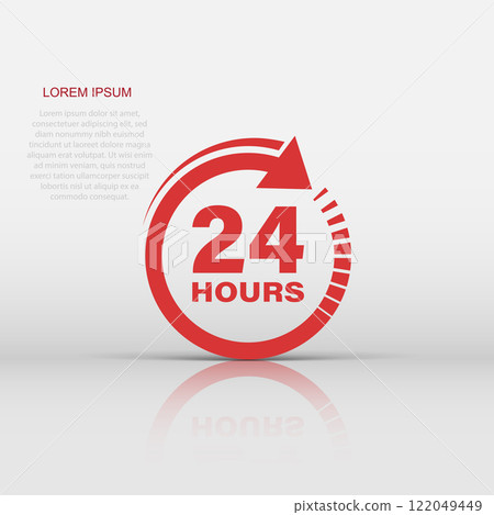 24 hours clock sign icon in flat style. Twenty four hour open vector illustration on white isolated background. Timetable business concept. 24 hours clock sign icon in flat style. Twenty four hour open vector illustration on white isolated background. Timetable business concept. 122049449