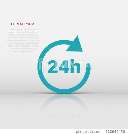 24 hours clock sign icon in flat style. Twenty four hour open vector illustration on white isolated background. Timetable business concept. 24 hours clock sign icon in flat style. Twenty four hour open vector illustration on white isolated background. Timetable business concept. 122049450