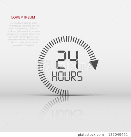 24 hours clock sign icon in flat style. Twenty four hour open vector illustration on white isolated background. Timetable business concept. 24 hours clock sign icon in flat style. Twenty four hour open vector illustration on white isolated background. Timetable business concept. 122049451
