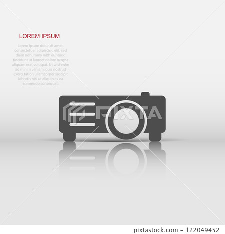 Video projector sign icon in flat style. Cinema presentation device vector illustration on white isolated background. Conference business concept. Video projector sign icon in flat style. Cinema presentation device vector illustration on white isolated background. Conference business concept. 122049452