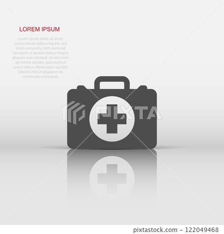 First aid kit icon in flat style. Health, help and medical diagnostics vector illustration on white isolated background. Doctor bag business concept. 122049468