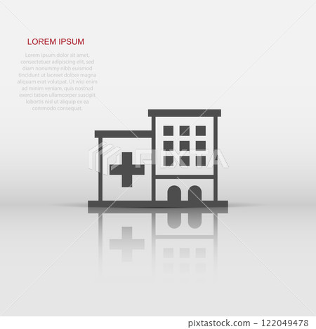 Hospital building icon in flat style. Infirmary vector illustration on white isolated background. Medical ambulance business concept. 122049478