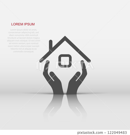 Home care icon in flat style. Hand hold house vector illustration on white isolated background. Building quality business concept. 122049483