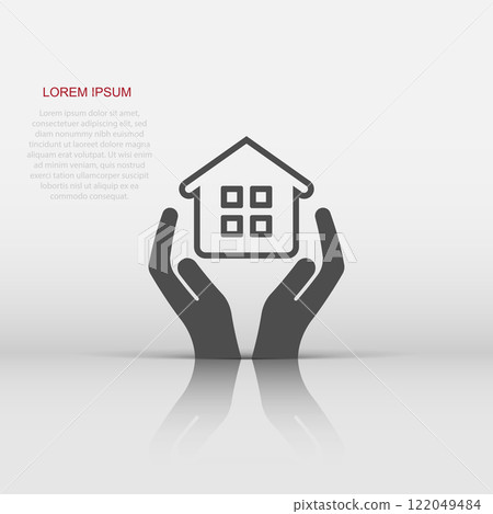 Home care icon in flat style. Hand hold house vector illustration on white isolated background. Building quality business concept. 122049484