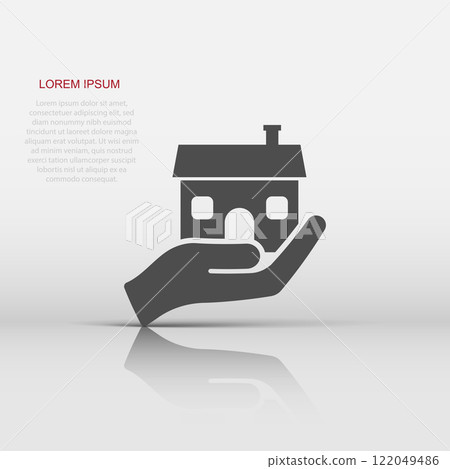 Home care icon in flat style. Hand hold house vector illustration on white isolated background. Building quality business concept. Home care icon in flat style. Hand hold house vector illustration on white isolated background. Building quality business concept. 122049486