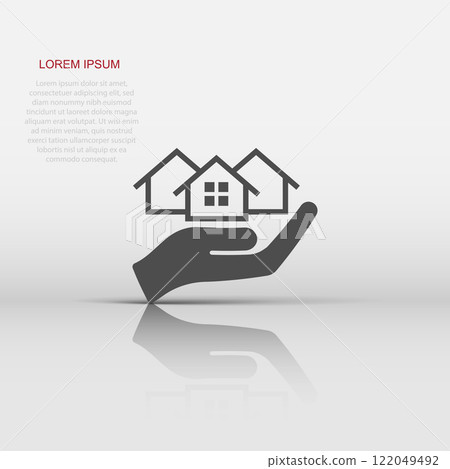 Home care icon in flat style. Hand hold house vector illustration on white isolated background. Building quality business concept. 122049492
